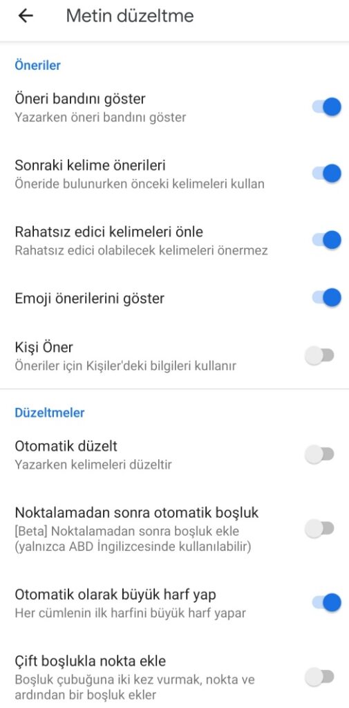 GBoard ayarları - Metin Düzeltme