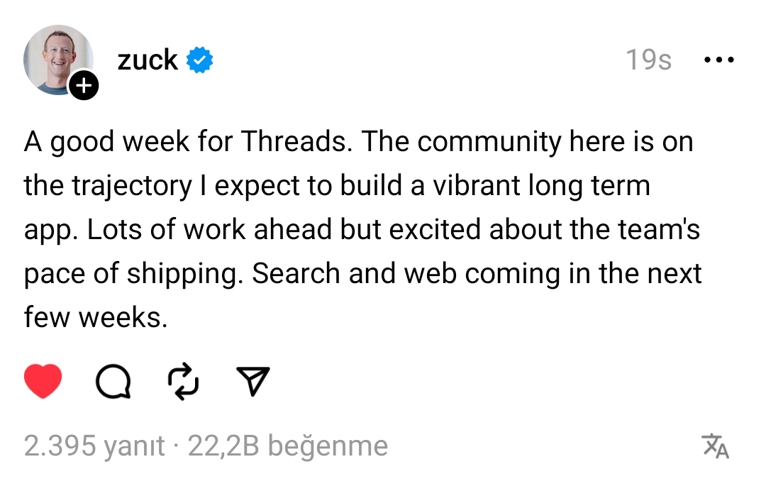 Mark Zuckerberg Threads web sürümü ve arama özelliği gelecek dedi